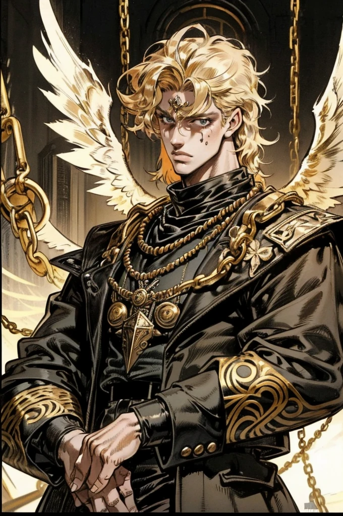 Solitary,golden curly hair covers eyes,golden hair,  black eyes, Black turtleneck,1 boy, Tattoo,Jewelry, Bad Guy,black jacket, Male focus, necklace, formal, Set,eardrop,balck angel wings,chains,city