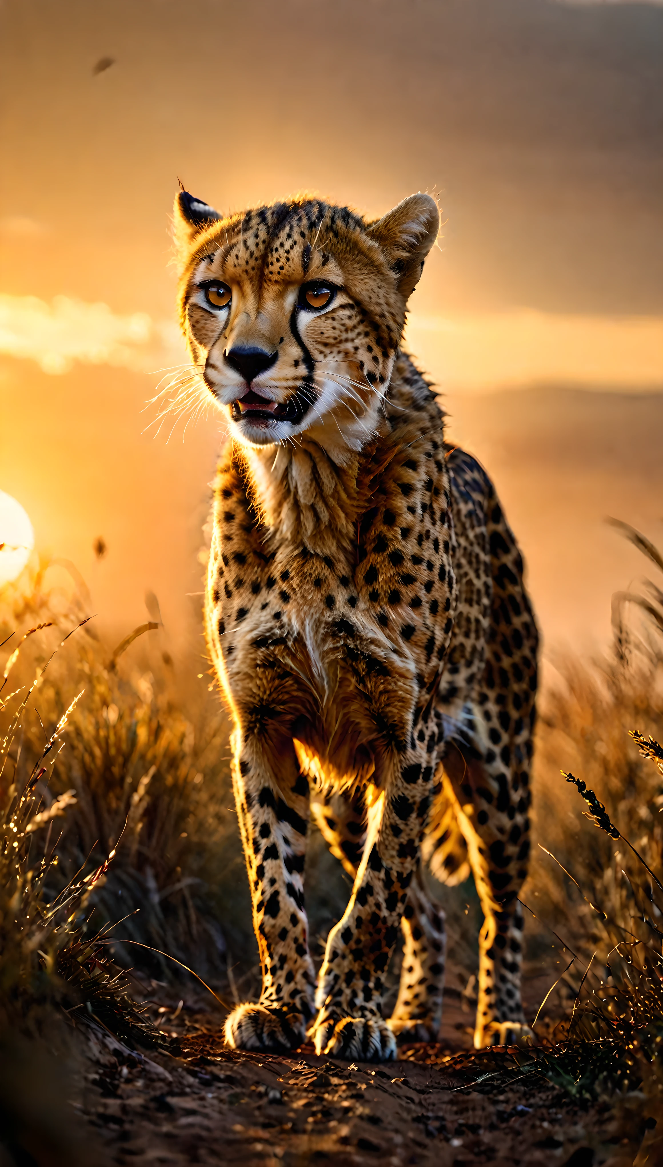 ((Masterpiece in maximum 16K resolution):1.6),((soft_color_photograpy:)1.5), ((Ultra-Detailed):1.4),((Movie-like still images and dynamic angles):1.3). | (Cinematic photo of a cheetah, galloping, african savannah, sunset sky, dramatic lighting, detailed fur texture, powerful muscles, blurred grass, cinematic composition, vibrant colors), ((detailed cheetah, detailed savannah, , sunset, golden hour lighting, vibrant colors):1.2), (cinematic lens), (exotic animal), (fierce), (delightful atmosphere), (aesthetic photography style), (visual experience),(Realism), (Realistic),award-winning graphics, dark shot, film grain, extremely detailed, Digital Art, rtx, Unreal Engine, scene concept anti glare effect, All captured with sharp focus. | Rendered in ultra-high definition with UHD and retina quality, this masterpiece ensures anatomical correctness and textured skin with super detail. With a focus on high quality and accuracy, this award-winning portrayal captures every nuance in stunning 16k resolution, immersing viewers in its lifelike depiction. | ((perfect_composition, perfect_design, perfect_layout, perfect_detail, ultra_detailed)), ((enhance_all, fix_everything)), More Detail, Enhance.