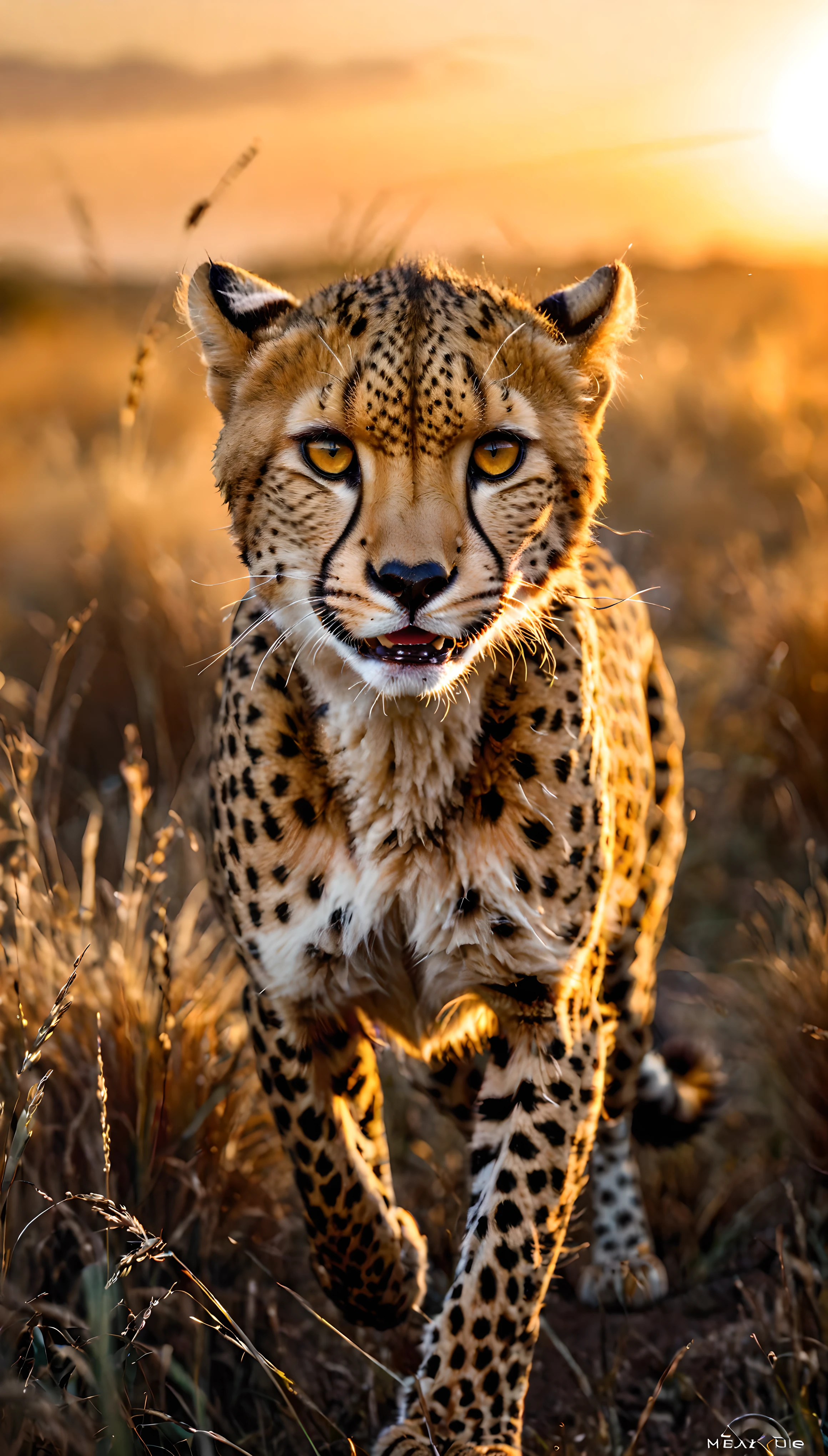 ((Masterpiece in maximum 16K resolution):1.6),((soft_color_photograpy:)1.5), ((Ultra-Detailed):1.4),((Movie-like still images and dynamic angles):1.3). | (Macro shot cinematic photo of a cheetah, galloping, african savannah, sunset sky, dramatic lighting, detailed fur texture, powerful muscles, blurred grass, cinematic composition, vibrant colors), ((detailed cheetah, detailed savannah, , sunset, golden hour lighting, vibrant colors):1.2), (fish eye lens), (exotic animal), (fierce), (delightful atmosphere), (aesthetic photography style), (visual experience),(Realism), (Realistic),award-winning graphics, dark shot, film grain, extremely detailed, Digital Art, rtx, Unreal Engine, scene concept anti glare effect, All captured with sharp focus. | Rendered in ultra-high definition with UHD and retina quality, this masterpiece ensures anatomical correctness and textured skin with super detail. With a focus on high quality and accuracy, this award-winning portrayal captures every nuance in stunning 16k resolution, immersing viewers in its lifelike depiction. | ((perfect_composition, perfect_design, perfect_layout, perfect_detail, ultra_detailed)), ((enhance_all, fix_everything)), More Detail, Enhance.