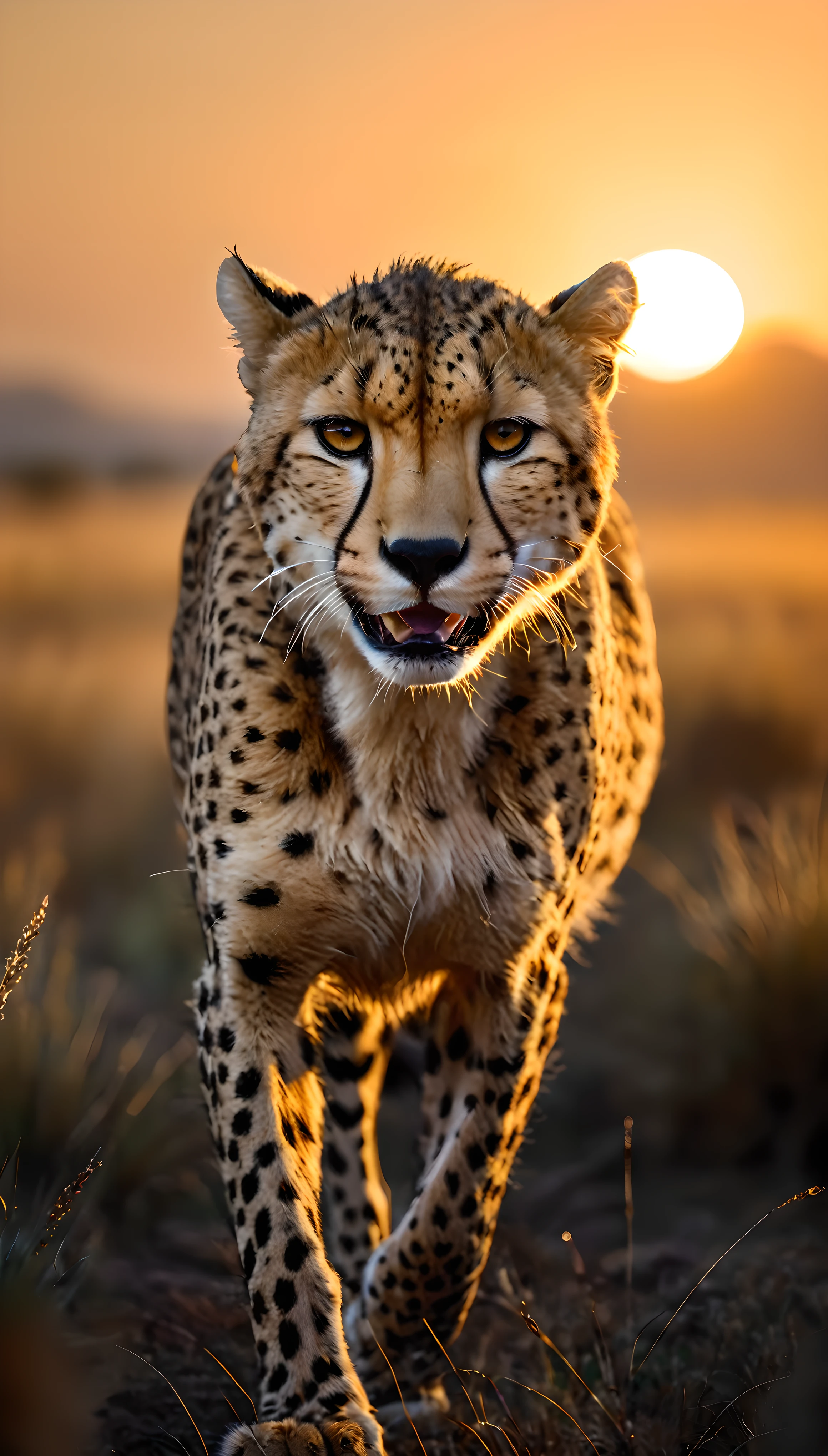 ((Masterpiece in maximum 16K resolution):1.6),((soft_color_photograpy:)1.5), ((Ultra-Detailed):1.4),((Movie-like still images and dynamic angles):1.3). | (Cinematic photo of a cheetah, galloping, african savannah, sunset sky, dramatic lighting, detailed fur texture, powerful muscles, blurred grass, cinematic composition, vibrant colors), ((detailed cheetah, detailed savannah, , sunset, golden hour lighting, vibrant colors):1.2), (cinematic lens), (exotic animal), (fierce), (delightful atmosphere), (aesthetic photography style), (visual experience),(Realism), (Realistic),award-winning graphics, dark shot, film grain, extremely detailed, Digital Art, rtx, Unreal Engine, scene concept anti glare effect, All captured with sharp focus. | Rendered in ultra-high definition with UHD and retina quality, this masterpiece ensures anatomical correctness and textured skin with super detail. With a focus on high quality and accuracy, this award-winning portrayal captures every nuance in stunning 16k resolution, immersing viewers in its lifelike depiction. | ((perfect_composition, perfect_design, perfect_layout, perfect_detail, ultra_detailed)), ((enhance_all, fix_everything)), More Detail, Enhance.