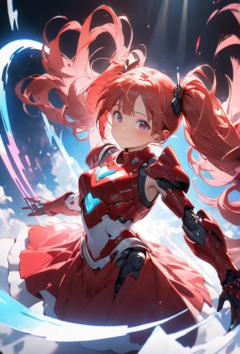 a girl with red twin tails wearing red and white robot armor, spinning a long red-handled spear in front of her chest with both ...