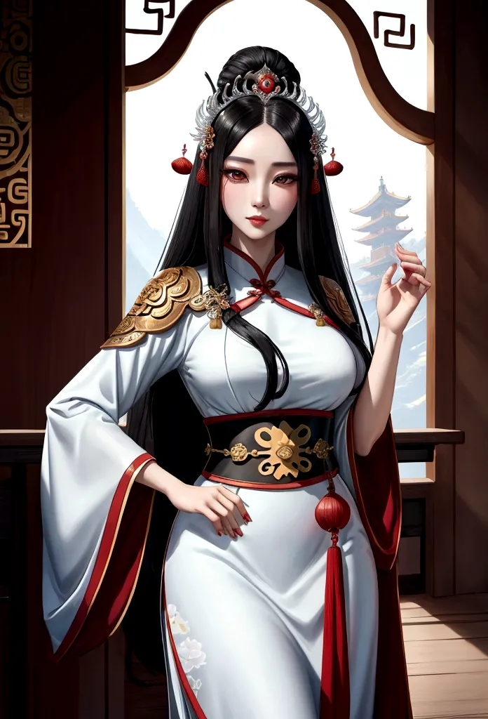 Close up of a woman with black hair wearing a white dress, beautiful fantasy empress, Palace ， girl in hanfu, ancient chinese pr...