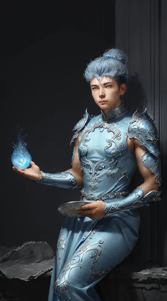 un primer plano de un joven con un vestido plateado y azul, sartén chengwei en artstation, by Yang J, arte de fantasía detallado, impresionante arte de personajes, fanart mejor estación de arte, Arte de personajes exquisito y épico., hermosa armadura, germen artístico extremadamente detallado, arte de anime digital detallado, artgerm en artstation pixiv, hombre armado 