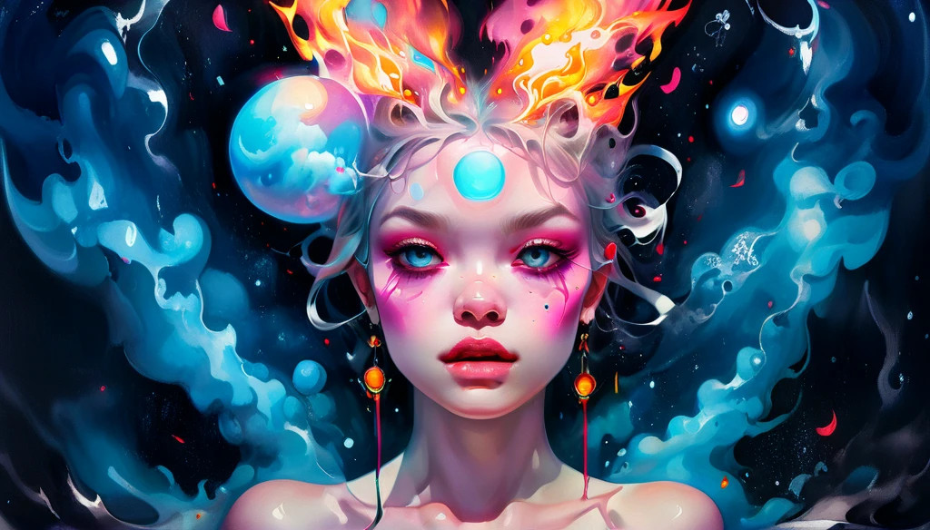 Alta resolución, alta calidad , obra maestra .Dibujo a tinta hiperrealista con colores surrealistas., elementos del absurdo al estilo de Ross Tran con sobres postales en llamas como referencia a Roby Dwi Antono, letras, corazones rotos, calaveras, y una clave de sol ascendiendo hacia un cielo estrellado, Iluminación de claroscuro que realza los símbolos del amor fallecido., una luna adornada con ojos que emiten un aire de melancolía, estado de ánimo atmosférico. 