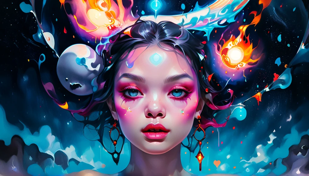 Alta resolução, alta qualidade , obra de arte .Desenho a tinta hiper-realista com cores surreais, elementos de absurdo no estilo de Ross Tran com envelopes postais em chamas como referência a Roby Dwi Antono, cartas, corações partidos, Crânios, e uma clave de sol subindo em um céu estrelado, iluminação claro-escuro realçando símbolos do amor que partiu, uma lua adornada com olhos emitindo um ar de melancolia, clima atmosférico. 