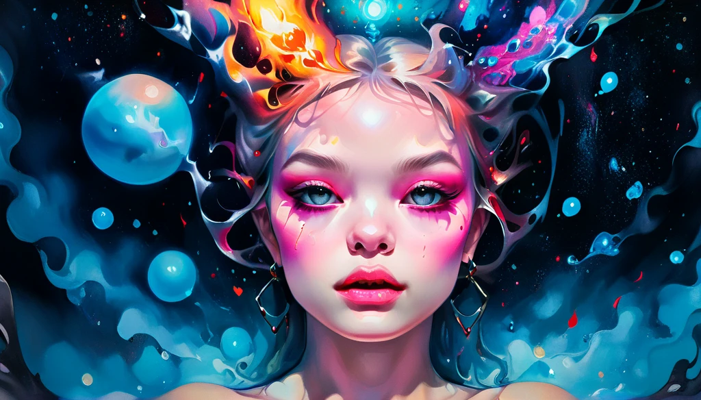 Alta resolução, alta qualidade , obra de arte .Desenho a tinta hiper-realista com cores surreais, elementos de absurdo no estilo de Ross Tran com envelopes postais em chamas como referência a Roby Dwi Antono, cartas, corações partidos, Crânios, e uma clave de sol subindo em um céu estrelado, iluminação claro-escuro realçando símbolos do amor que partiu, uma lua adornada com olhos emitindo um ar de melancolia, clima atmosférico. 