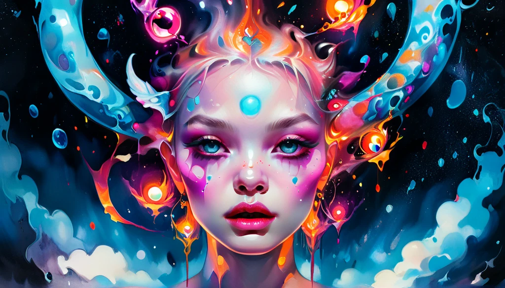 Alta resolución, alta calidad , obra maestra .Dibujo a tinta hiperrealista con colores surrealistas., elementos del absurdo al estilo de Ross Tran con sobres postales en llamas como referencia a Roby Dwi Antono, letras, corazones rotos, calaveras, y una clave de sol ascendiendo hacia un cielo estrellado, Iluminación de claroscuro que realza los símbolos del amor fallecido., una luna adornada con ojos que emiten un aire de melancolía, estado de ánimo atmosférico. 