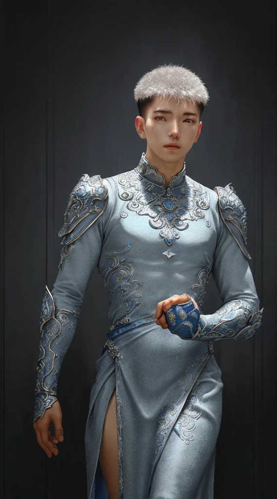 un primer plano de un joven con un vestido plateado y azul, sartén chengwei en artstation, by Yang J, arte de fantasía detallado, impresionante arte de personajes, fanart mejor estación de arte, Arte de personajes exquisito y épico., hermosa armadura, germen artístico extremadamente detallado, arte de anime digital detallado, artgerm en artstation pixiv, hombre armado 