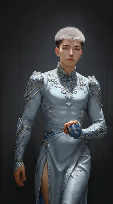 a close up of a young man in a silver and blue dress, chengwei pan on artstation, by yang j, detailed fantasy art, stunning char...