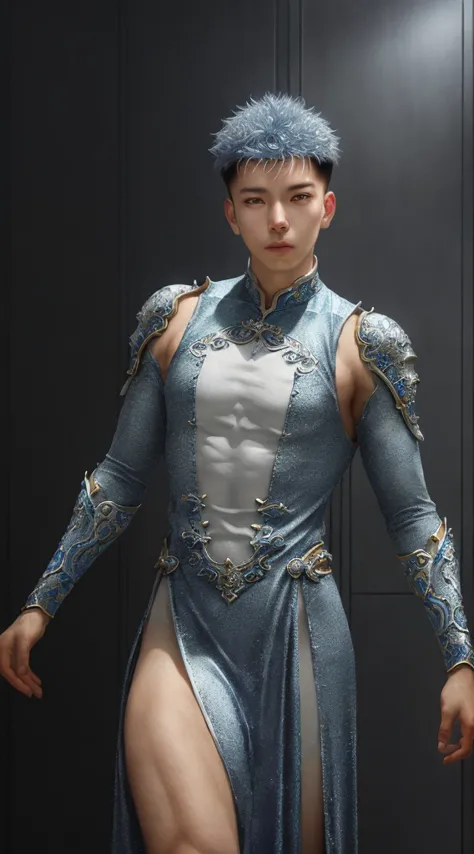 a close up of a young man in a silver and blue dress, chengwei pan on artstation, by yang j, detailed fantasy art, stunning char...