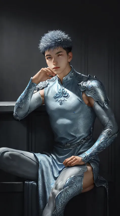 a close up of a young man in a silver and blue dress, chengwei pan on artstation, by yang j, detailed fantasy art, stunning char...