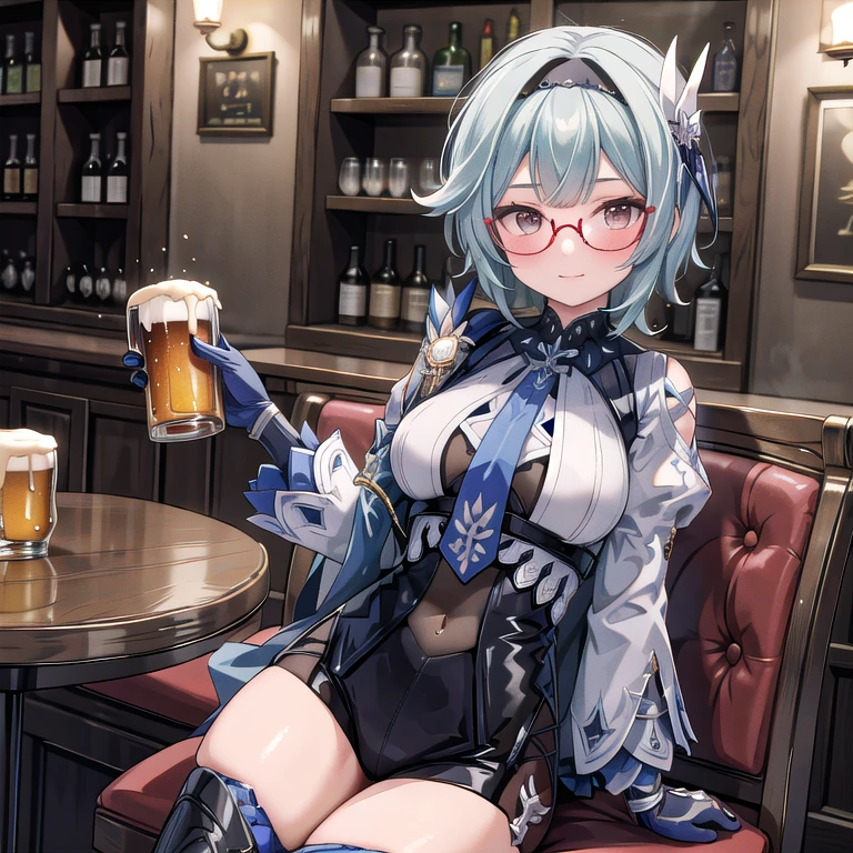 Eula Lawrence seule, assis à une table de bar, la nuit, ciel étoilé, tenant une chope de bière par la poignée de sa main gauche, Sourire, visage rougi, avec des lunettes de vue, une bouteille de bière sur la table voisine