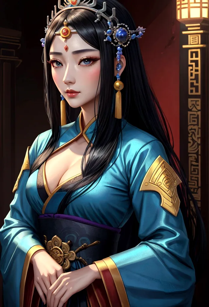 Close up of woman with black hair wearing blue dress, beautiful fantasy empress, Palace , black eyes, girl in hanfu, ancient Thr...