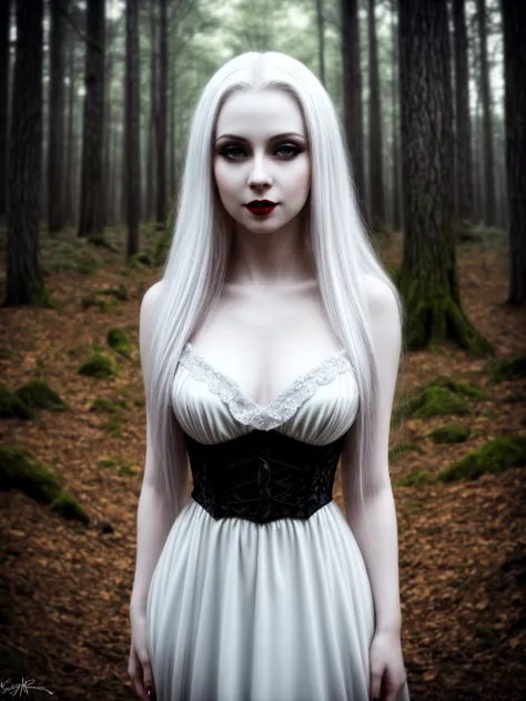 female sexy vampire|albino, pale porcelain skin, sexy vintage black dress, smile, shallow depth of field, grin|creepy, nightfall...