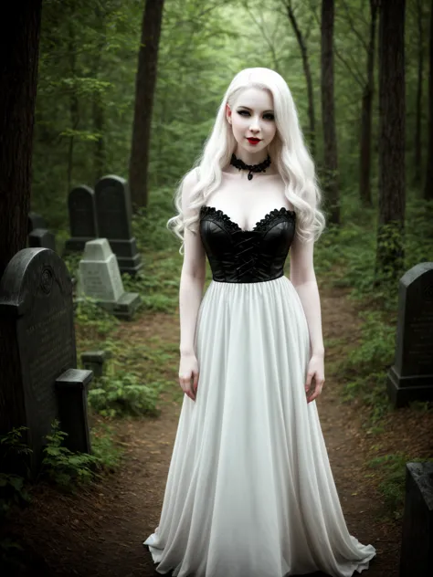 female sexy vampire|albino, pale porcelain skin, sexy vintage black dress, smile, shallow depth of field, grin|creepy, nightfall...