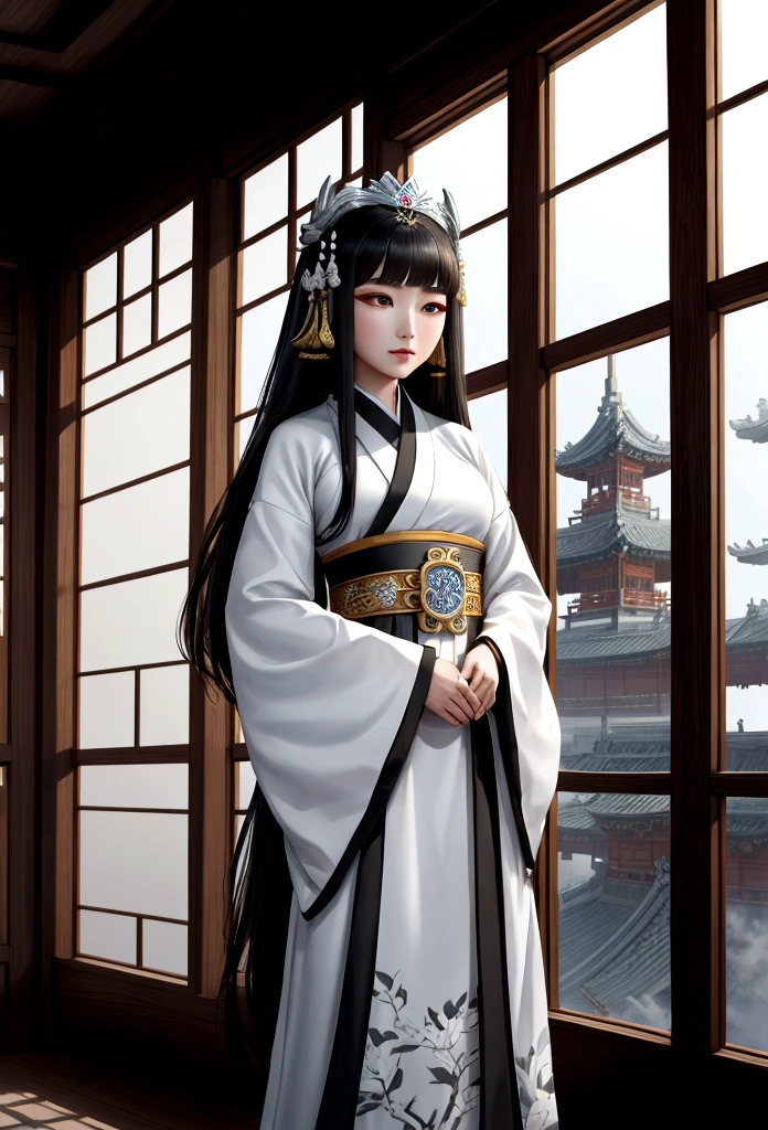 A woman in a black and white dress is standing by the window, Palace ， girl in hanfu, ancient Baekje princess, beautiful fantasy empress, wearing ancient Baekje clothes, Baekje princess, Baekje Costume, Baekje girl, Baekje Goddess, wearing ancient Baekje clothes, beautiful character drawings, Works inspired by Lan Ying, Baekje costume, Baekje style, beautiful render of tang dynasty