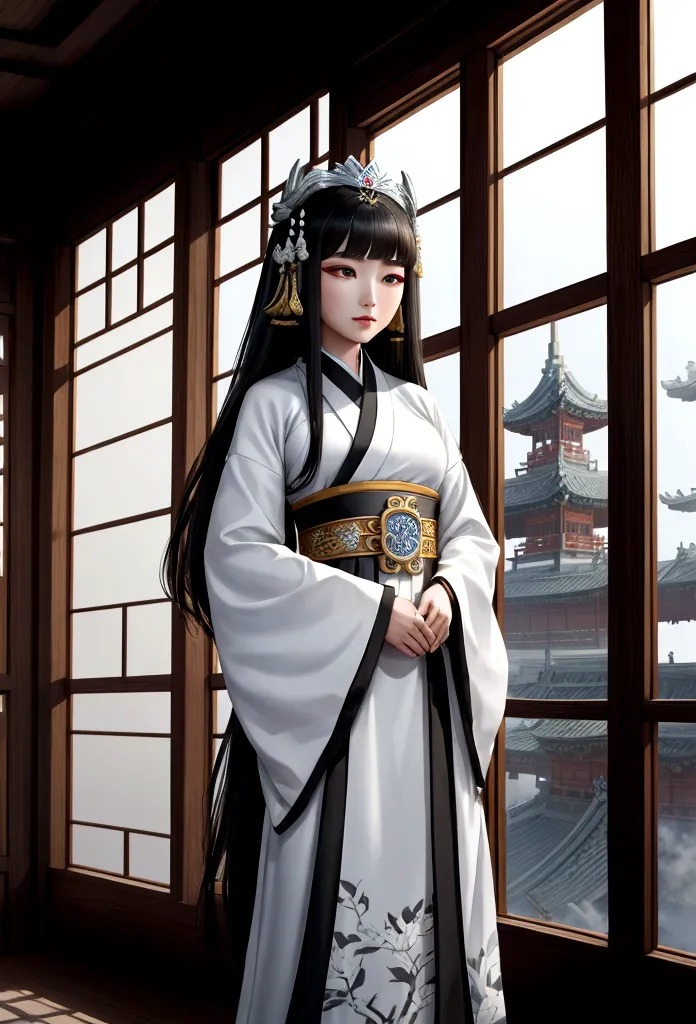 A woman in a black and white dress is standing by the window, Palace ， girl in hanfu, ancient Baekje princess, beautiful fantasy...