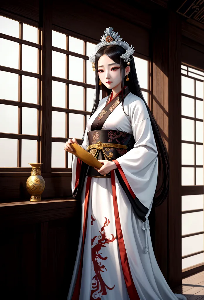 A woman in a black and white dress is standing by the window, Palace ， girl in hanfu, ancient Baekje princess, beautiful fantasy...