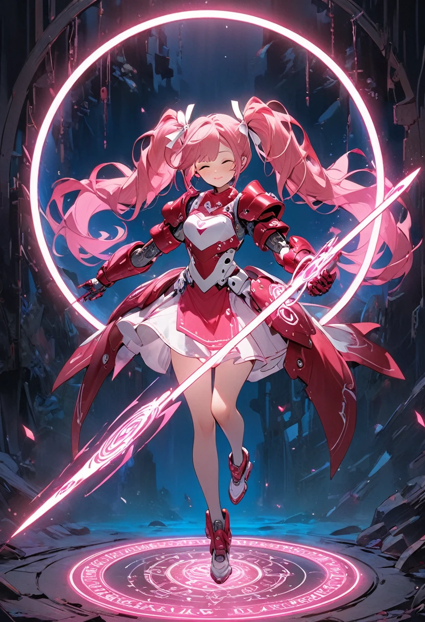 concept siege art,A girl wearing robot armor spins a spear and summons a magic circle.The girl has red twin tails and wears a red and white barrette.He wears red and white robot armor that covers his entire body.A large number of pink neon lights shine brightly from the armor,A colorful magic circle with a mix of red, white, and pink is summoned on its back.(A blue neon light shines from the tip of the spear), neon light draws a circle.The girl looks up and closes her eyes,The beautiful hair and texture of the girl, the beauty of the girl's face, the texture of the robot armor and the beauty of the mechanism,The magical glow of the magic circle,A perfect depiction of a spear, perfectly holding a spear with two hands,Full body view,(High quality, high precision image, masterpiece, 4k, 8k,:1.2)ultra-definition