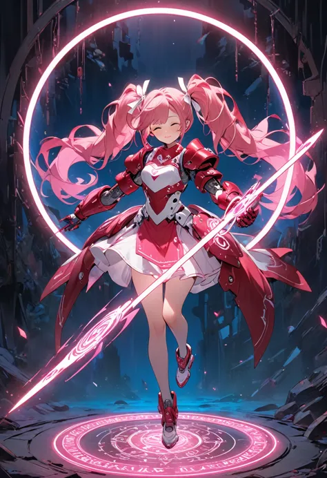 concept siege art,A girl wearing robot armor spins a spear and summons a magic circle.The girl has red twin tails and wears a re...