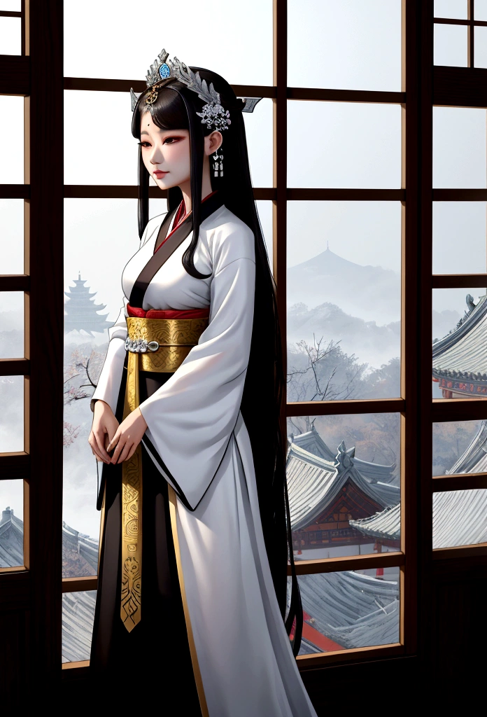 A woman in a black and white dress is standing by the window, Palace ， girl in hanfu, ancient Baekje princess, beautiful fantasy empress, wearing ancient Baekje clothes, Baekje princess, Baekje Costume, Baekje girl, Baekje Goddess, wearing ancient Baekje clothes, beautiful character drawings, Works inspired by Lan Ying, Baekje costume, Baekje style, Beautiful rendering of Baekje