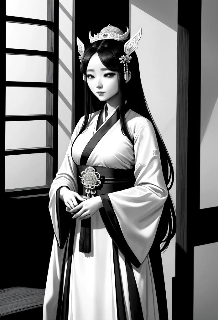 Uma mulher com um vestido preto e branco está parada perto da janela, Palácio ， garota em hanfu, ancient Princesa Baekje, Linda Imperatriz da Fantasia, vestindo roupas antigas de Baekje, Princesa Baekje, Fantasia de Baekje, Garota Baekje, Deusa Baekje, vestindo roupas antigas de Baekje, Lindos desenhos de personagens, Obras inspiradas em Lan Ying, Fantasia de Baekje, Estilo Baekje, Bela representação de Baekje