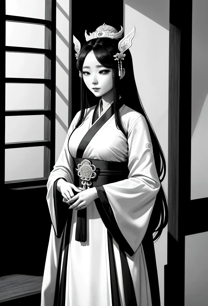 A woman in a black and white dress is standing by the window, Palace ， girl in hanfu, ancient Baekje princess, beautiful fantasy...