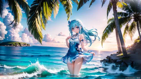 Under the blue midsummer sky、The clear emerald green sea spreads out before you.。White waves gently wash up on the shore、A girl ...