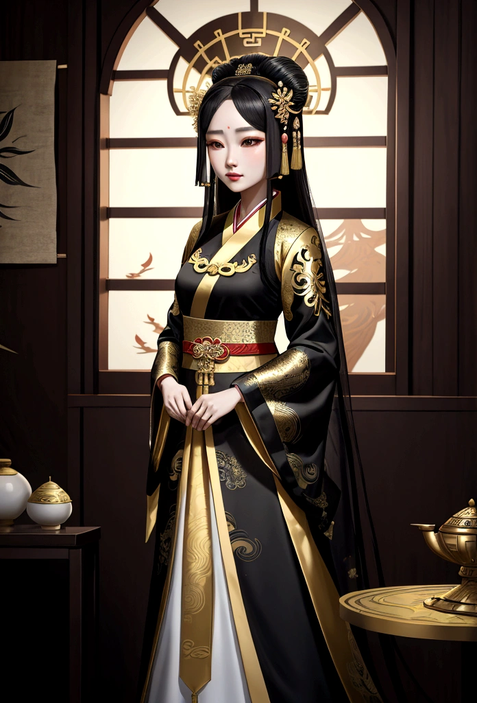 Uma mulher com um vestido preto e dourado fica perto da janela, Palácio ， garota em hanfu, antiga princesa baekje, Linda Imperatriz da Fantasia, vestindo roupas antigas de Goguryeo, Princesa Goguryeo, Fantasia de Baekje, Garota Baekje, Deusa Baekje, vestindo roupas antigas de Baekje, Lindos desenhos de personagens, Obras inspiradas em Lan Ying, Fantasia de Baekje, Estilo Baekje, bela renderização da dinastia Tang
