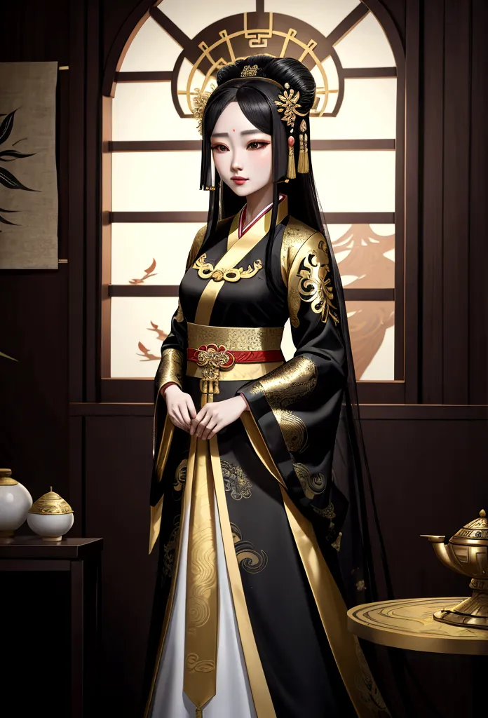 A woman in a black and gold dress stands by the window, Palace ， girl in hanfu, ancient baekje princess, beautiful fantasy empre...