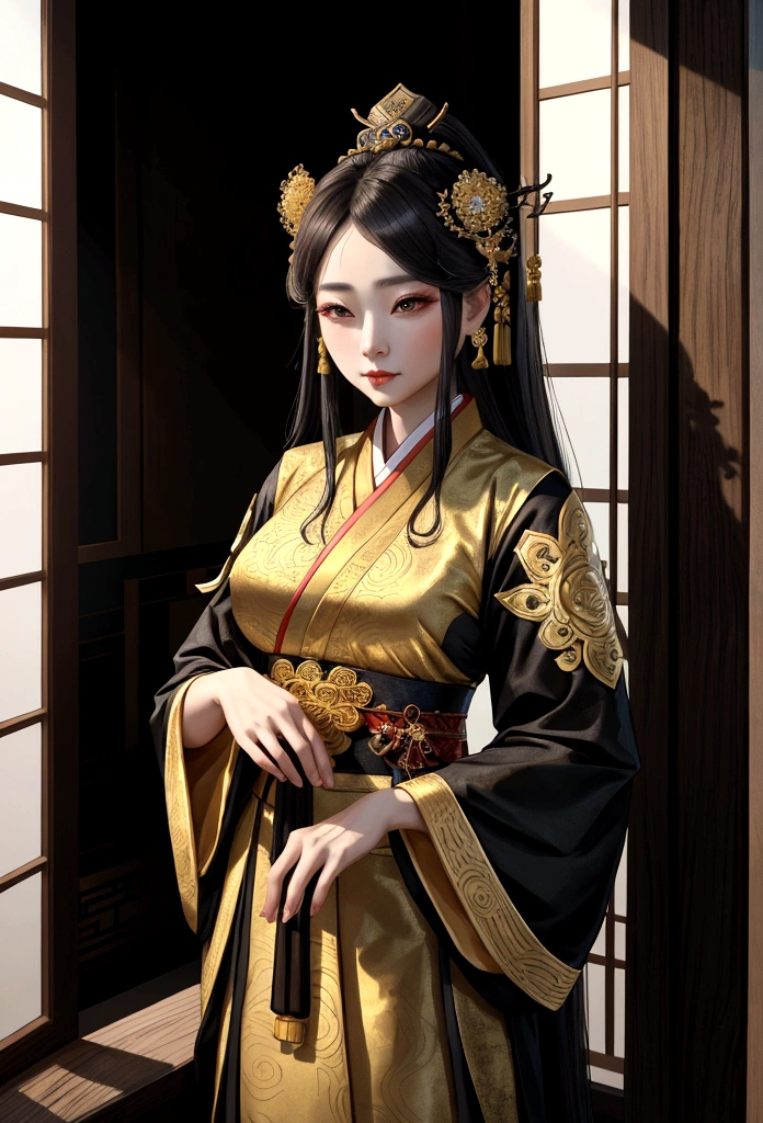 Una mujer con un vestido negro y dorado está junto a la ventana., palacio ， chica en hanfu, antigua princesa de Baekje, hermosa emperatriz de fantasía, vistiendo ropas antiguas de Goguryeo, princesa goguryeo, disfraz de baekje, chica baekje, Diosa Baekje, vistiendo ropas antiguas de Baekje, Hermosos dibujos de personajes., Obras inspiradas en Lan Ying, disfraz de baekje, estilo baekje, hermosa representación de la dinastía tang
