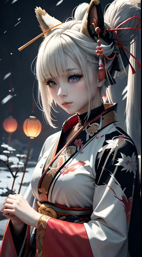 anime - image of a warrior woman with short white hair style, the only clothing colors are black and white, samurai kimono, kara...