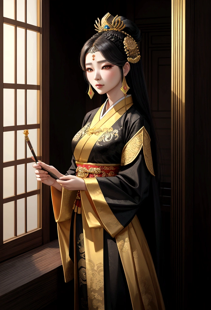 A woman in a black and gold dress stands by the window, Palace ， Baekje girl, ancient baekje princess, beautiful fantasy empress, wearing ancient Goguryeo clothes, Goguryeo princess, Baekje Costume, Baekje girl, Baekje Goddess, wearing ancient Baekje clothes, beautiful character drawings, Works inspired by Lan Ying, Baekje costume, Baekje style, beautiful render of tang dynasty