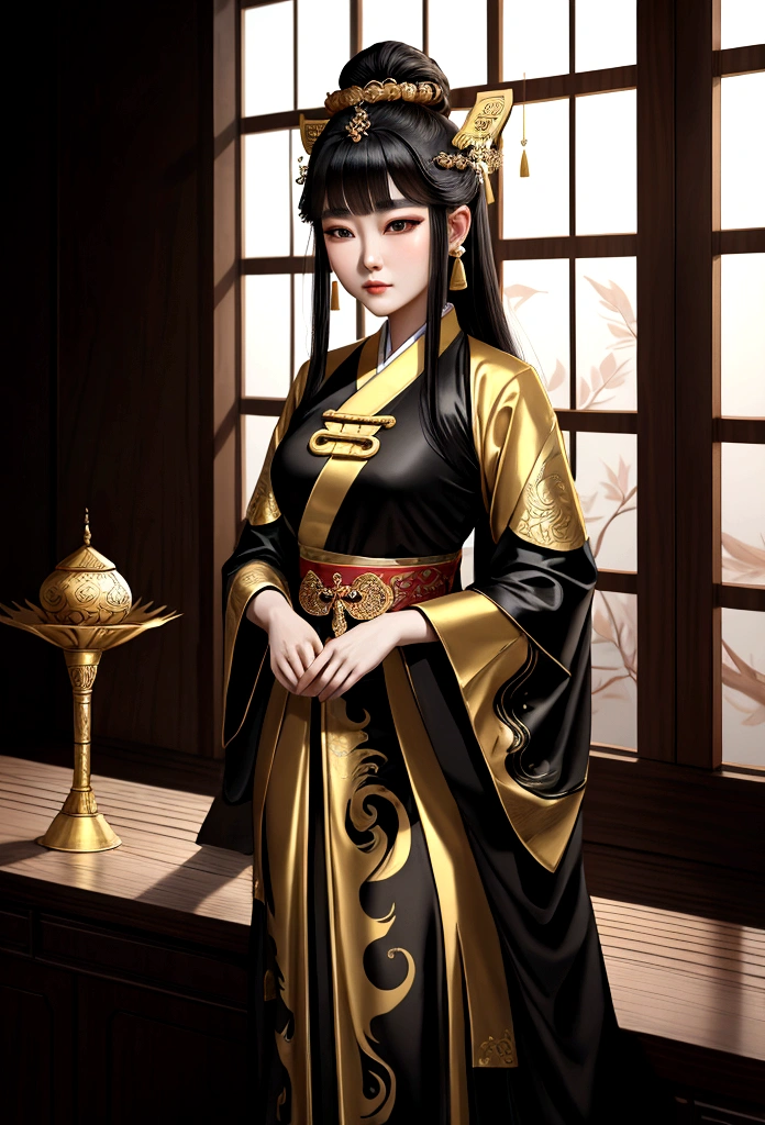 Eine Frau in einem schwarz-goldenen Kleid steht am Fenster, Palast ， Baekje girl, alte Baekje-Prinzessin, schöne Fantasiekaiserin, trägt alte Goguryeo-Kleidung, Goguryeo-Prinzessin, Baekje-Kostüm, Baekje girl, Baekje Goddess, trägt alte Baekje-Kleidung, Wunderschöne Charakterzeichnungen, Von Lan Ying inspirierte Werke, Baekje-Kostüm, Baekje style, wunderschöne Darstellung der Tang-Dynastie