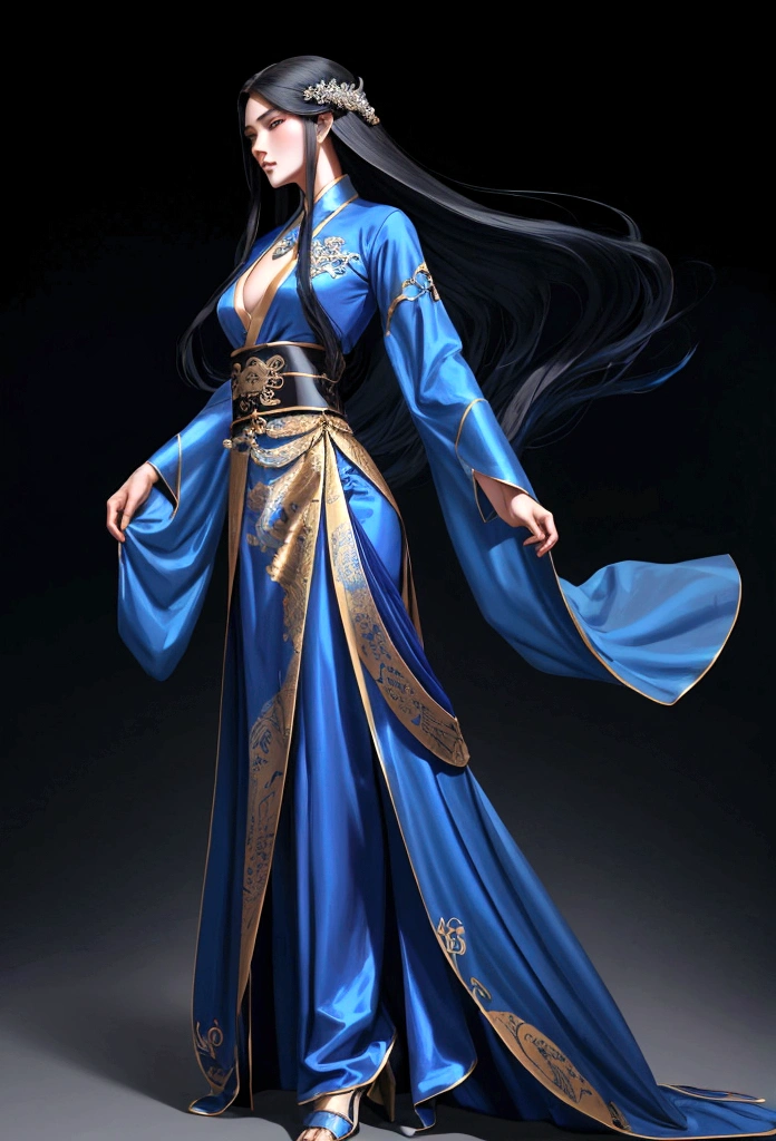 Close up of person in blue gown with long hair, flowing hair and long gowns, heise jinyao, full body martial arts, Guandosung(Guan Daosheng)inspired by, with his long black hair, Inspired by Jojbai, Jingna Zhang, wearing a black gown, by Jay Yang, Inspired by Oh Do-ja, Inspired by Woobin