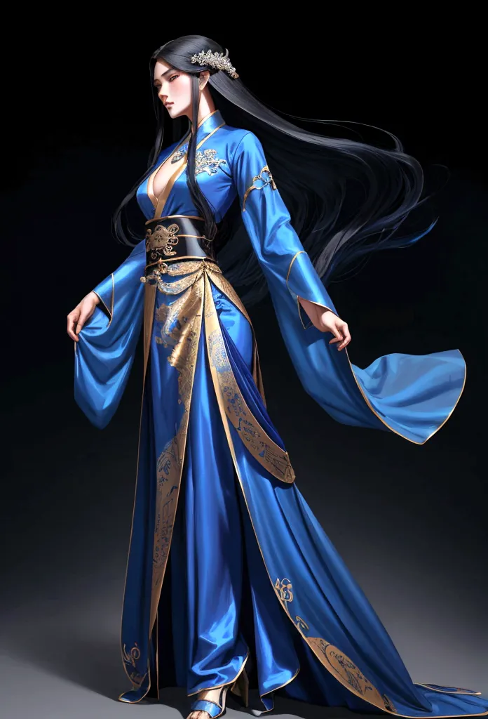 Close up of person in blue gown with long hair, flowing hair and long gowns, heise jinyao, full body martial arts, Guandosung(Gu...