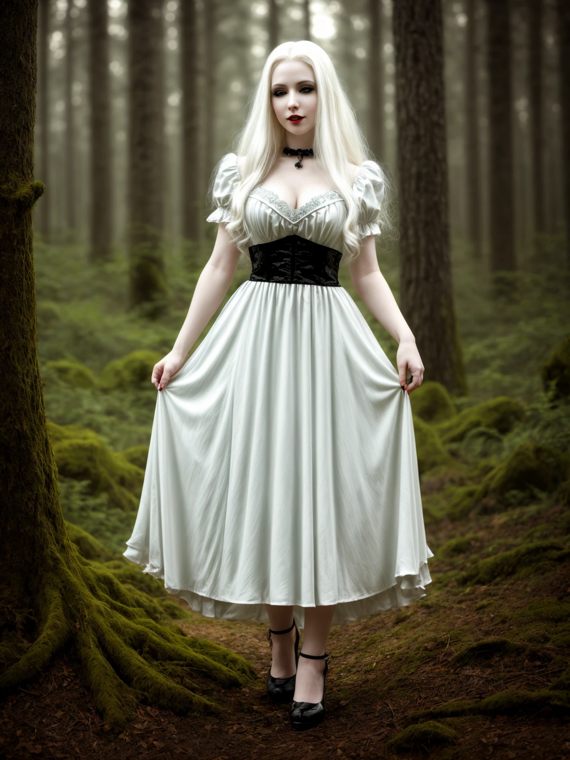 female sexy vampire|albino, pale porcelain skin, sexy vintage black dress, smile, shallow depth of field, grin|creepy, nightfall, detailed face, night, wide hips, narrow waist, portrait of woman standing, detailed eyes, portrait of woman standing, 8k RAW photo, highest quality, looking at the viewer, best shadow, intricate details, long hair, bright eyes, forest, grave, gothic, goth detailed, highres, high qualilty, high saturation