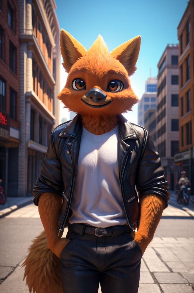 male, bird, Torchic, background, (cinematic lighting:1.1), (perfect focus:1.1), 8k hd, (detailed eyes:1.2),depth of field, bokeh, subsurface scattering, perfect breasts, wide ,((wearing a black jacket with the "LWH" logo on the back and front of the jacket and a white shirt under the jacket that has a logo with a wolf on the front, black jeans pants )),bright colors, (furry detail:1.3),detailed background, realistic, photorealistic, ultra realistic,( in a fictional roblox city ),realistic, photorealistic ,smile cute,(fluffy:1.3), furry, buff, (realistic fur:1.1), (extreme fur detail:1.2),((light orange fur)),(Black pupil, brown eyes,pixar style eyes),Torchic tail,3d pixar legs, with pectorals,brighter colors,Skinny body, waving to the viewer from a roblox motorcycle. 