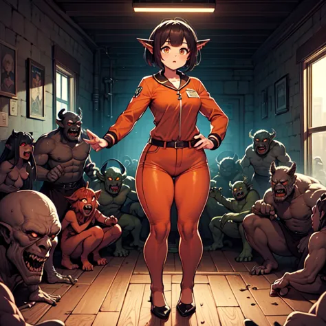 masterpiece,best quality,highly detailed
6+girls,monster girls,bat (animal),hybrids,muscular female,full body,wearing an orange ...