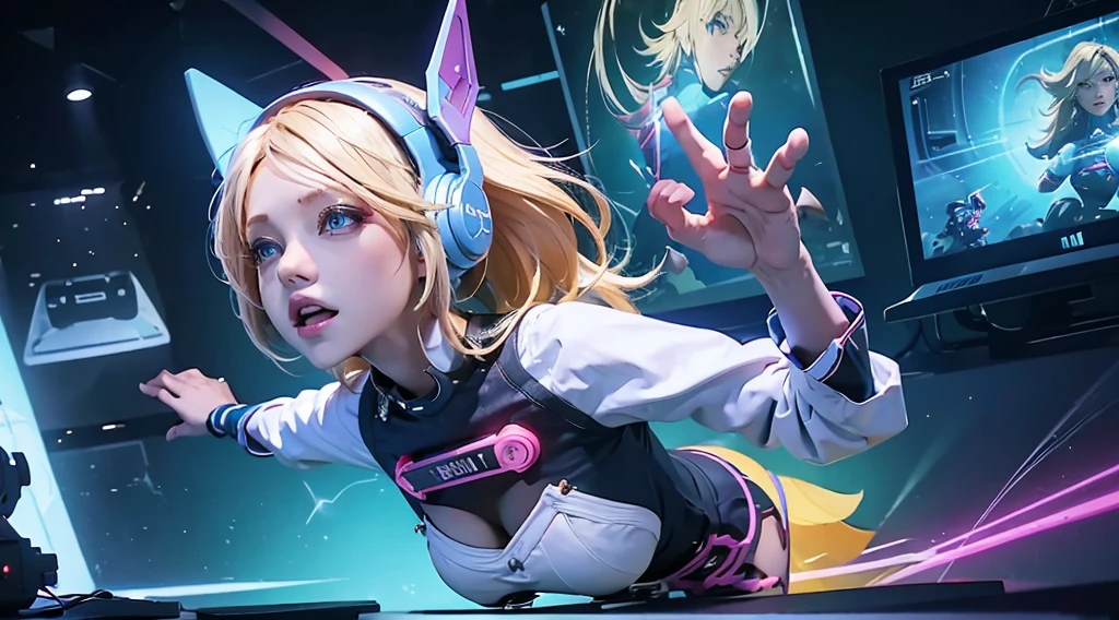 A girl with blond hair, wearing a colorful outfit and cosplay costume, stands in a dynamic pose. She has a playful expression on her face as she enjoys playing video games. The girl is a gamer, immersed in her virtual world, holding a console controller in one hand and a keyboard in the other. She wears headphones, symbolizing her dedication to gaming. The scene is set in a brightly lit studio with soft lighting, enhancing the vivid colors of the girl’s outfit. The composition is creative and cartoonish, with a background scenery featuring artistic interpretation of video game elements. Glowing digital effects surround the girl, adding to the energetic and action-packed atmosphere. Electric blue accents are scattered throughout the image, giving it a mysterious and futuristic feel. Overall, the prompt aims to capture the fun, enthusiasm, and creativity associated with gaming, while showcasing the girl's passion and love for video games in an anime-style artwork.
Gamer girl blond hair sexy outfit slim body