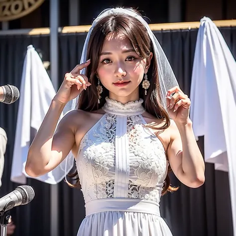 a beautiful young japanese idol in a white dress and veil holding a microphone, extremely detailed and realistic portrait, intri...