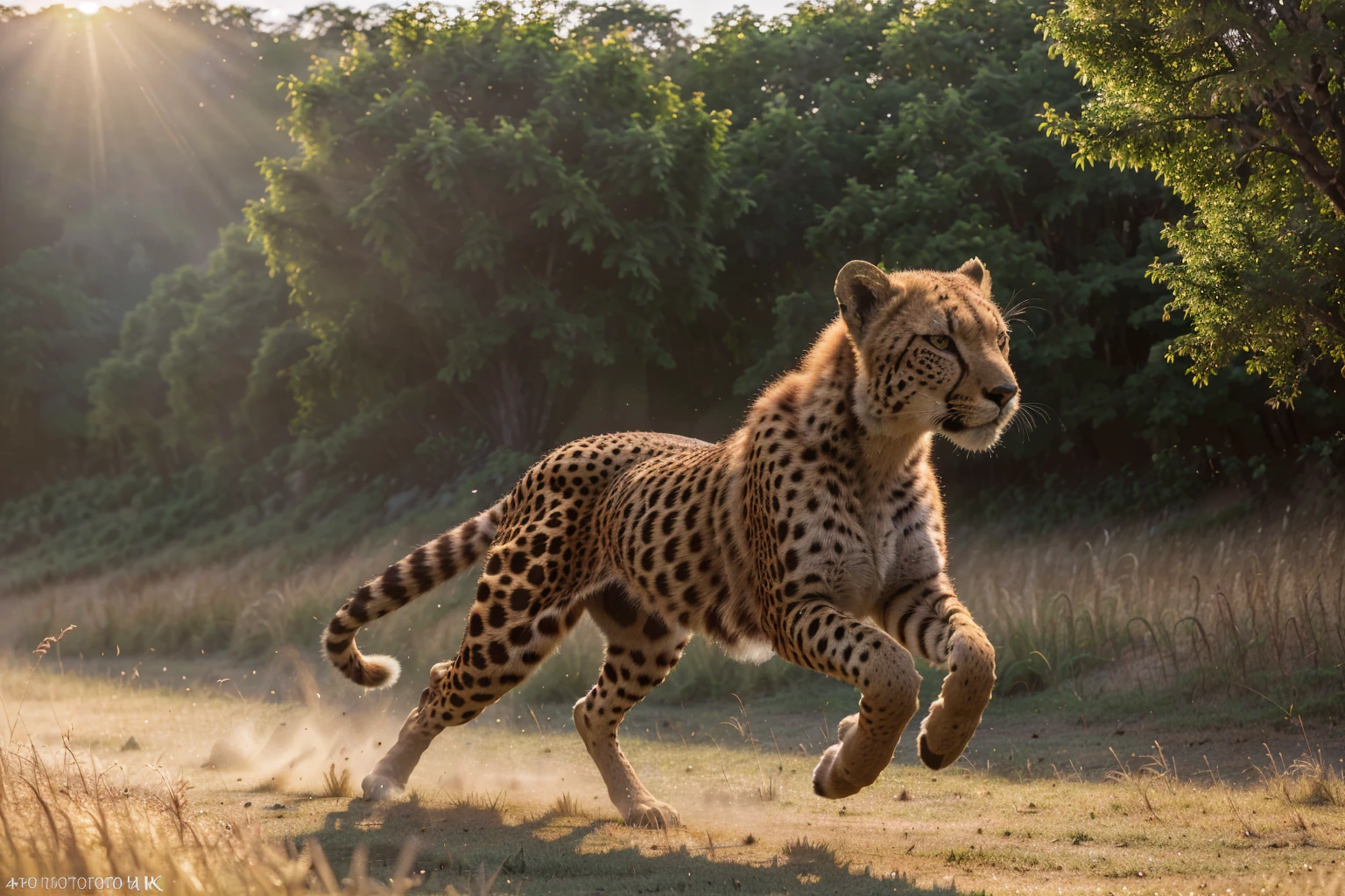 (best quality,4k,8k,highres,masterpiece:1.2),ultra-detailed,(realistic,photorealistic,photo-realistic:1.37),cheetah,muscular defined body,sharp intense eyes,running across grassland,sunset rays,high-speed motion blur,wildlife photography,rich details,HD quality,3D rendering,vivid colors,studio lighting