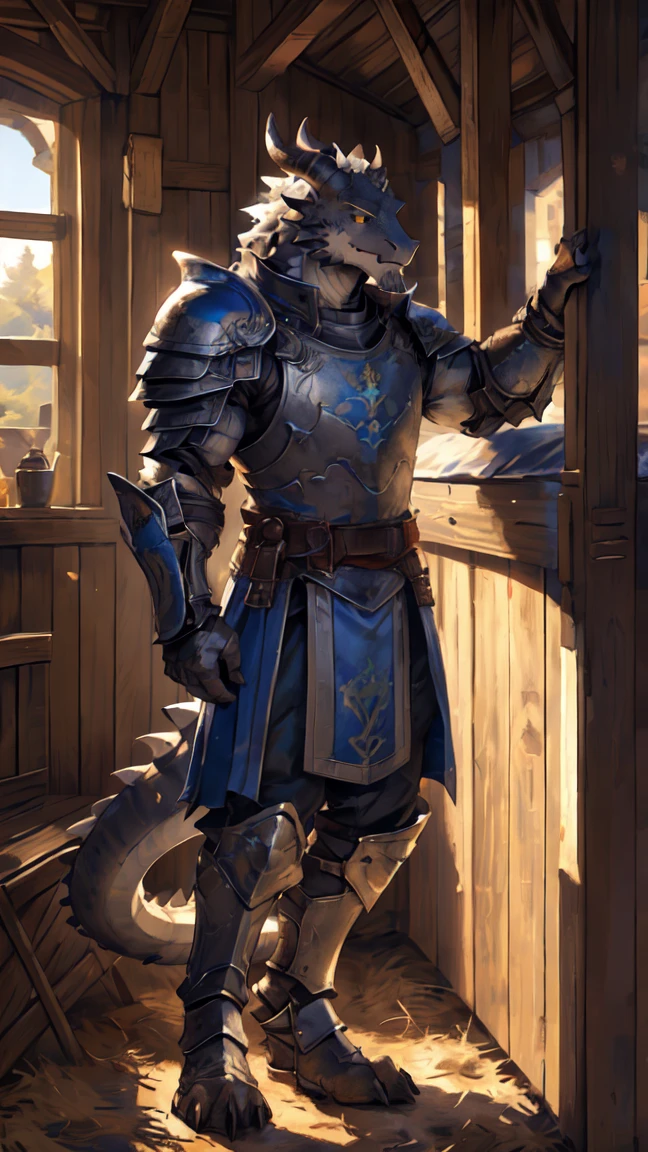 Medieval background:1.6，((Crusu:1.6))，Sunlight，high resolution，4K，gay，(((whole body:1.1)))，masterpiece，high quality，Calm and calm，((dragon))，male，(((Training in the barracks:1.3)))，dragonFurry，(teenager:1.3)，hairy，((Stable，Handsome face:1.4))，((peaceful))，((Holding a long sword:1.4))，(((strong:1.4，Long legs:1.3，粗壮dragon尾:1.2)))，(((Gray head:1.2，Golden pupils:1.1，White neck:1.3，Gray back of hand:1.4，White muscles:1.3)))，(((White Armor:1.3，Armor has a blue banner:1.4)))，Mature face，Exquisite eyes，Detailed body，Detailed hands，Detailed feet，Strike a pose，Kenket&#39;s style