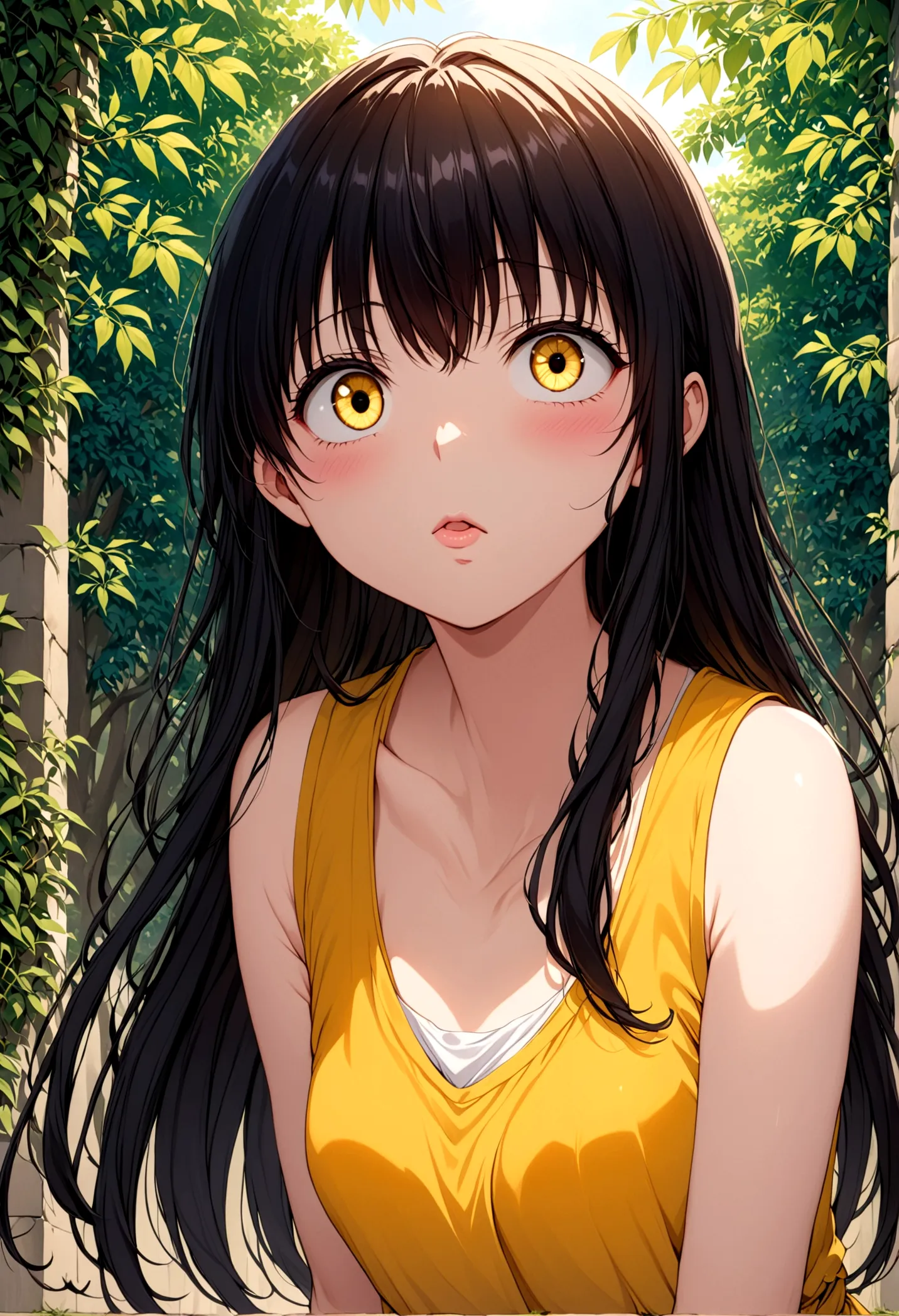 detailed, (masterpiece:1.2), (pale_skin:1.2), (alone:1.2), (woman), thin, (Shine_eye), Long Hair, bangs, Black Hair, Outdoor, Sl...