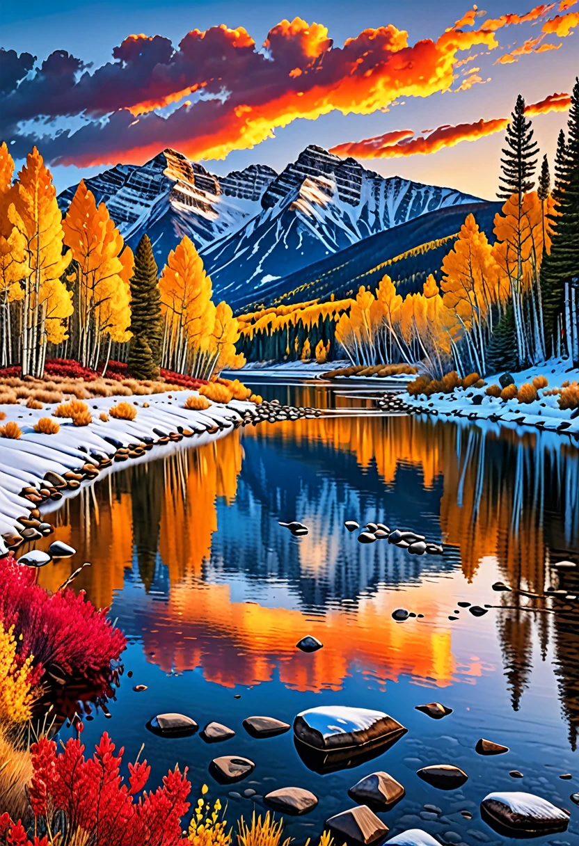 a calm and serene landscape in late autumn sits before the viewer, the sun setting low in the horizon illuminating the clouds with hues of red, orange and gold, the river is calm and reflects back the beauty of the surroundings and sky, there are aspen trees and wild flowers along the banks of the river and distant mountains have become snowcapped showing that winter is drawing near, the photo should evoke a sense of calm., ultra hd, realistic, vivid colors, highly detailed, UHD drawing, pen and ink, perfect composition, beautiful detailed intricate insanely detailed octane render trending on artstation, 8k artistic photography, photorealistic concept art, soft natural volumetric cinematic perfect light