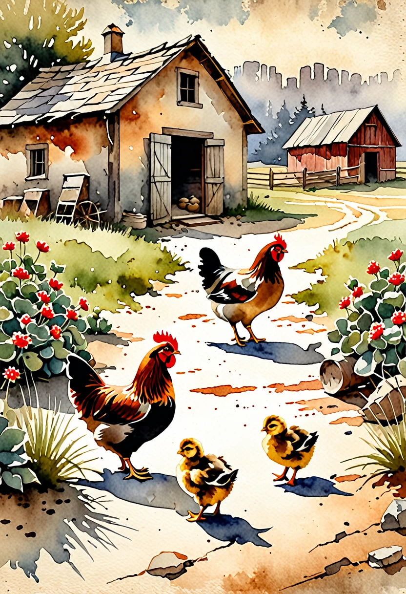 Watercolor landscape, Hen and chicks in a farmhouse yard, (((on old faded cracked texture of rough watercolor paper with torchon))), vintage frayed page edges, muted color palette, in shades of beige, olive, gray, brown and red. Watercolor, by Paul Stone style, minimalism, rustic, highest resolution: 1.5; 8k