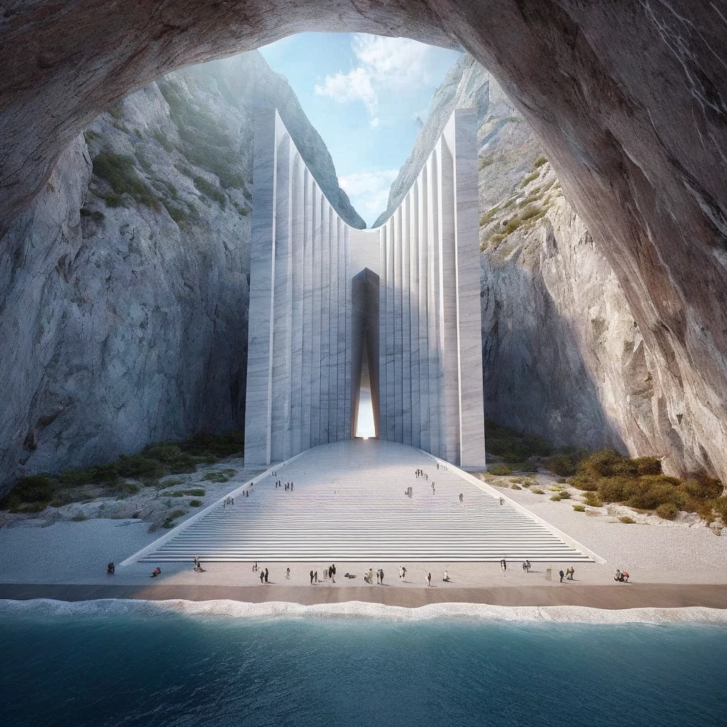 a gigantic and imposing monumental structure embedded inside a mountain,And in turn, the entrance is covered by a mountain built with marble or white concrete., with modern design of two individual and symmetrical straight lines, rising towards the sky. The entrance has white marble stairs into the sea, leading to the main entrance, in a beach landscape with beautiful views towards a crystal clear sea