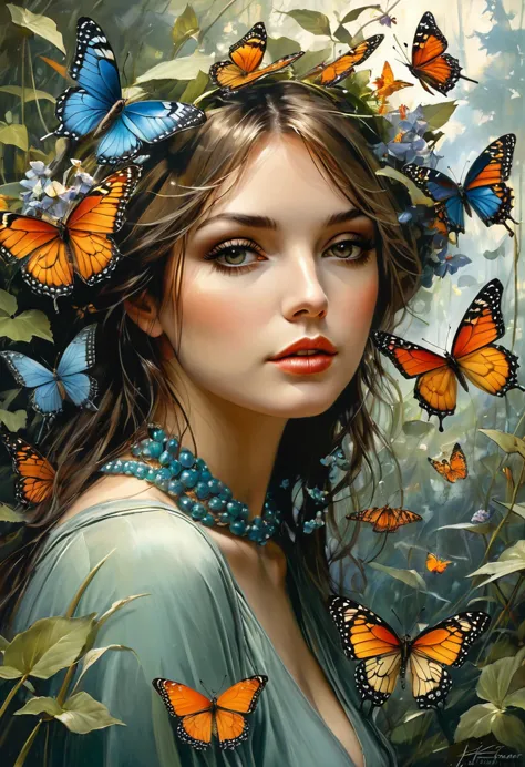 Stunningly beautiful butterfly swarm, 
Style by  Harrison Fisher and Brian Froud and Jeremy Mann 