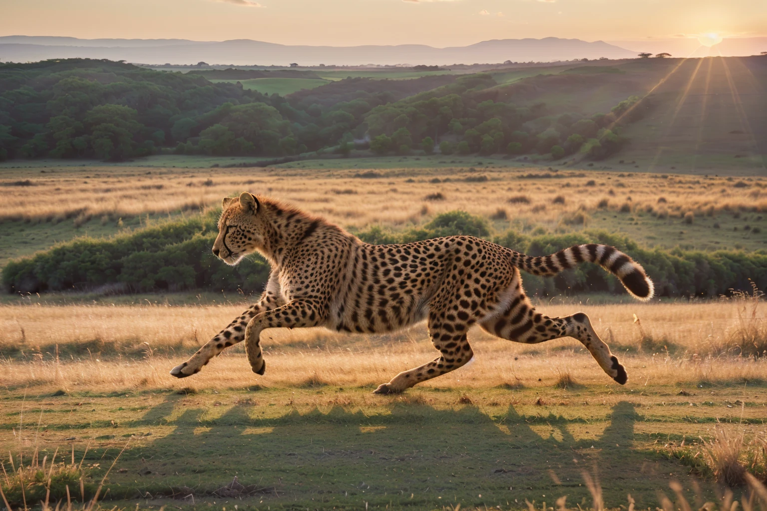 (best quality,4k,8k,highres,masterpiece:1.2),ultra-detailed,(realistic,photorealistic,photo-realistic:1.37),cheetah,muscular defined body,sharp intense eyes,running across grassland,sunset rays,high-speed motion blur,wildlife photography,rich details,HD quality,3D rendering,vivid colors,studio lighting