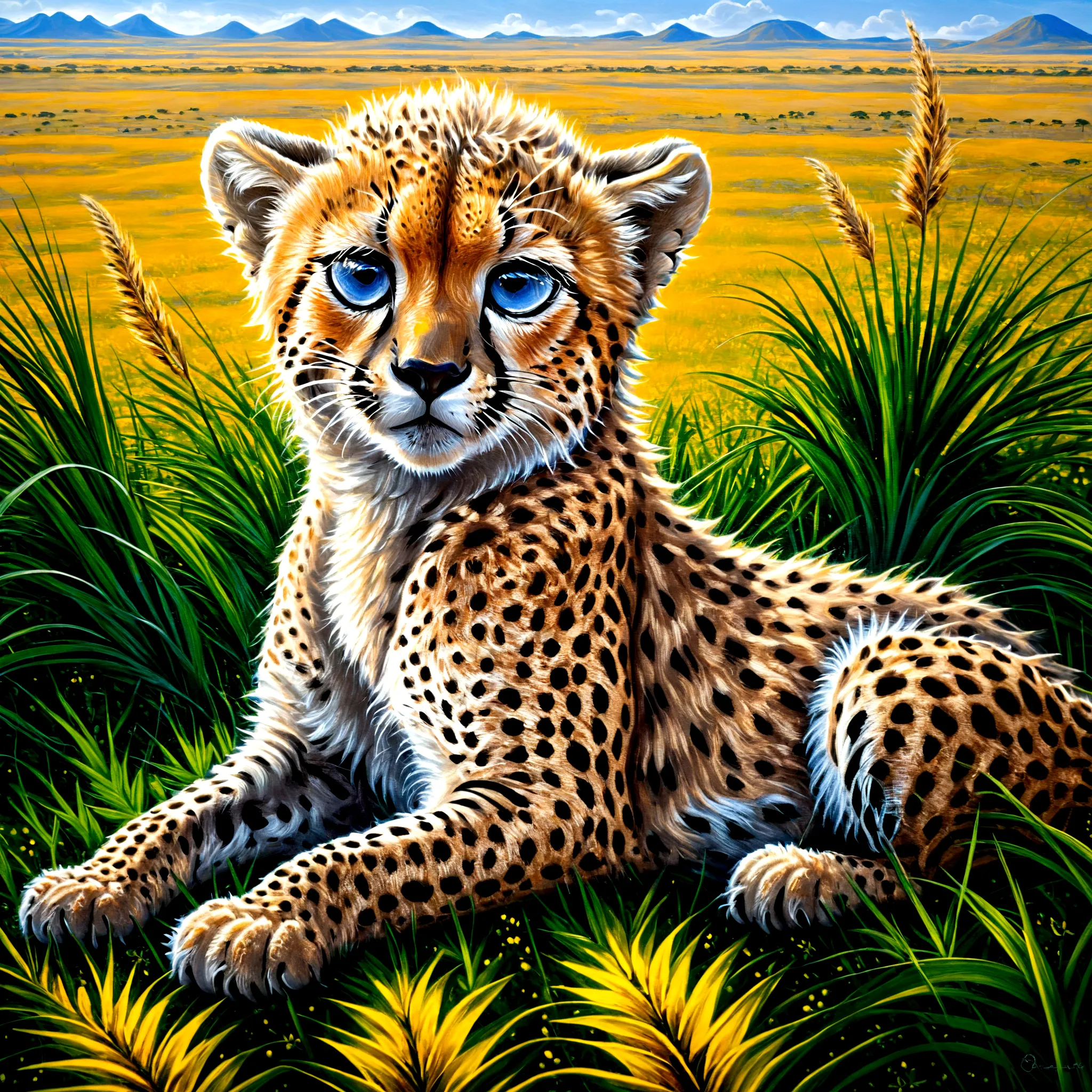 A photorealistic painting of a cheetah cub playing in the African savanna, with soft, fluffy fur and big, blue-gray eyes, 
Vivid...
